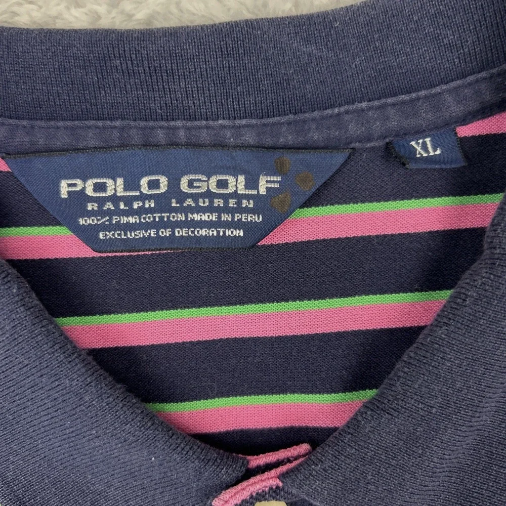 Polo Golf Ralph Lauren Mens XL Pima Cotton Navy Pink Green Stripe Preppy